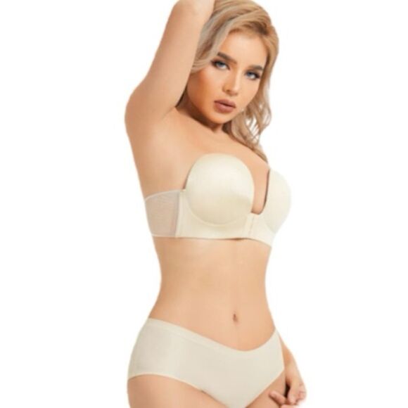 Backless Strapless Adjustable Buckle Invisible Sticky Bra In Beige - Picture 3 of 4